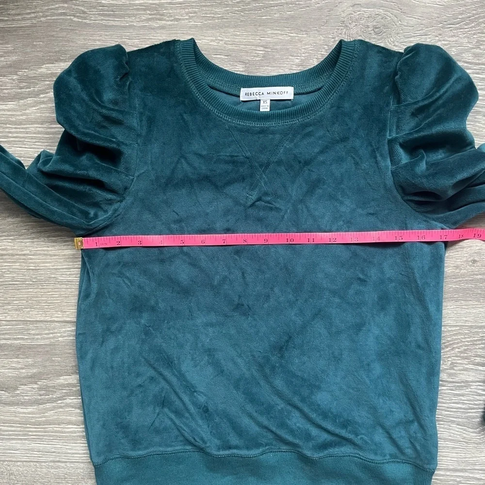 Rebecca Minkoff Teal Blue Green Long Puff Sleeve Velvet Velour Sweater Size XS
